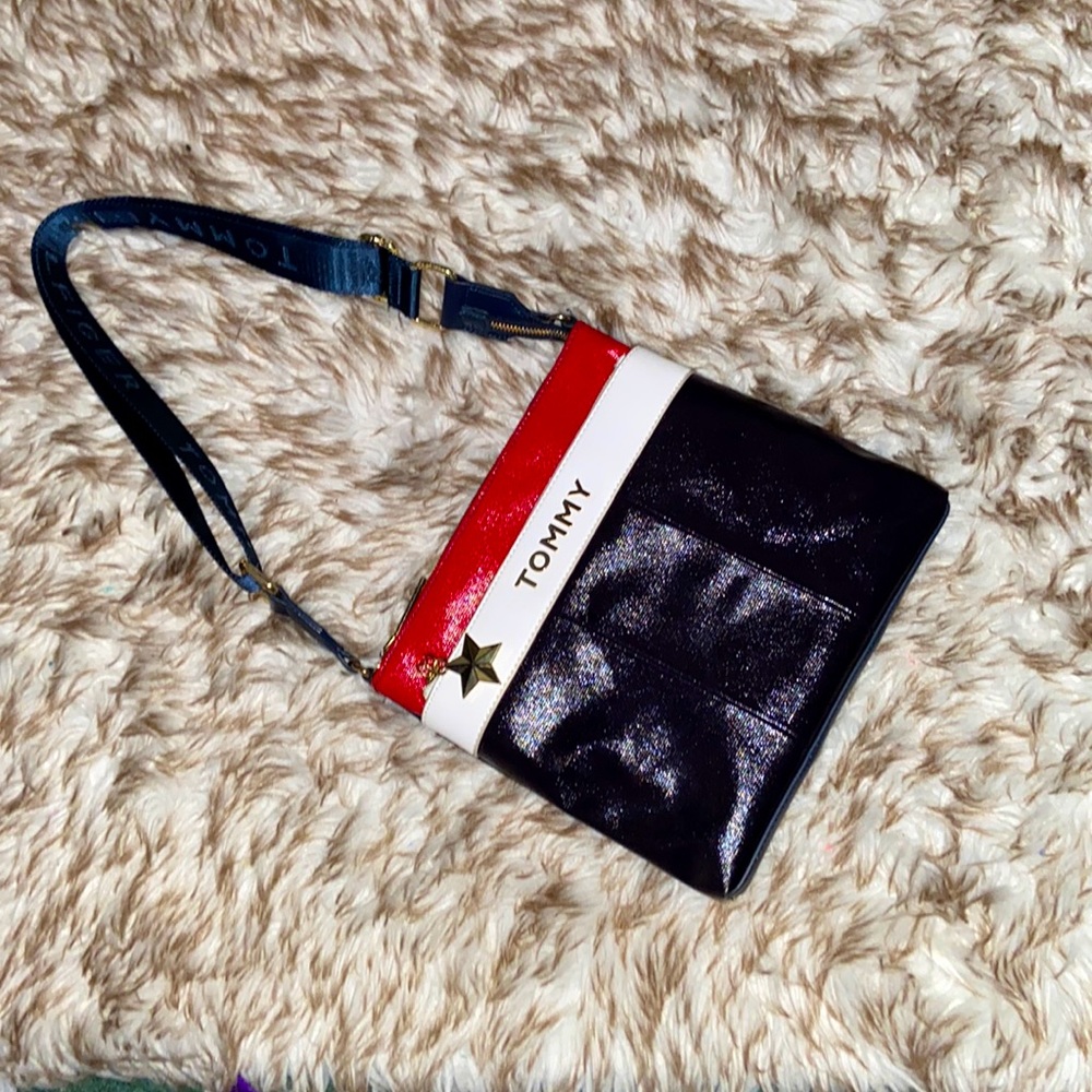 Tommy Hilfiger Slim Crossbody Bag in Navy Blue, White, Red with Gold Star Accent